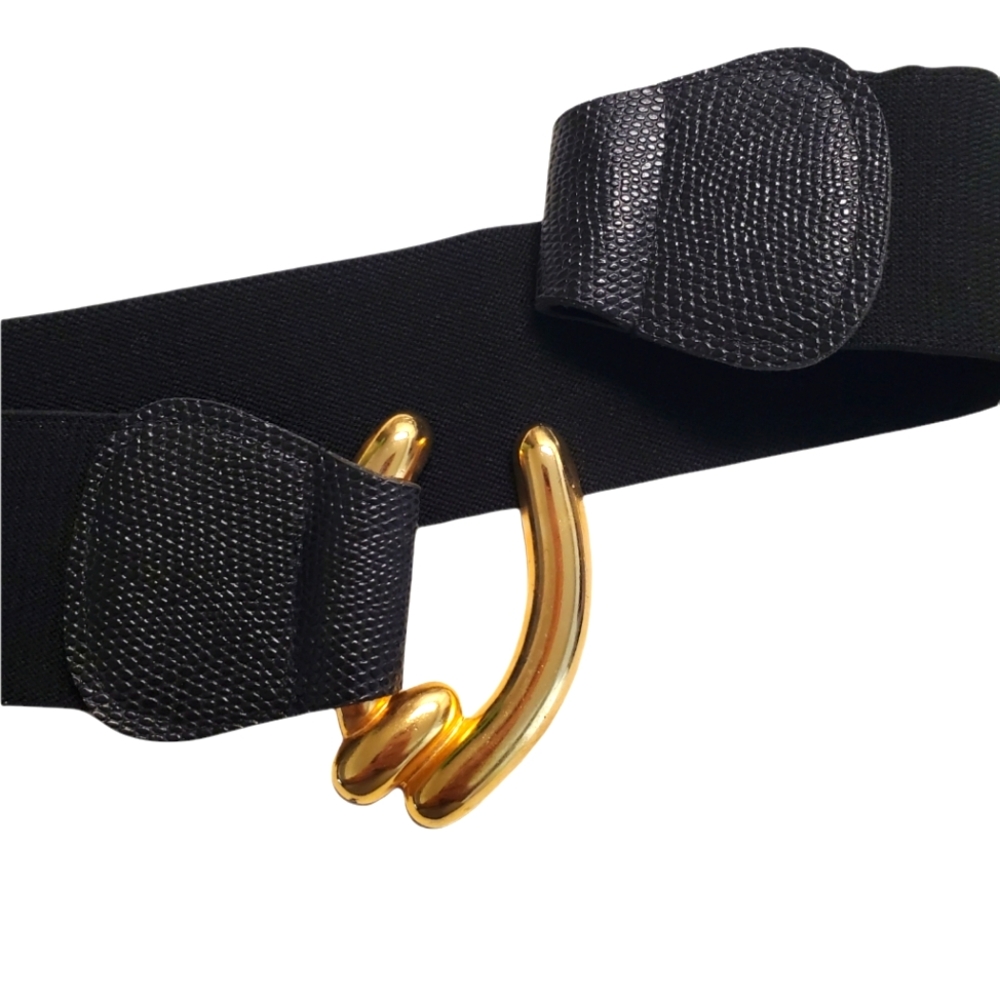 Black elastic belt with gold wishbone buckle